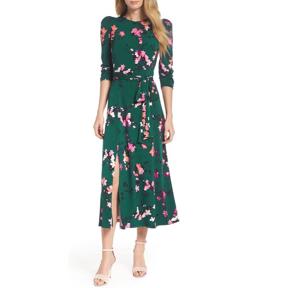 Eliza J Dark Green Floral Jersey Three Quarter Sleeve MIDI Dress with Belt - 2